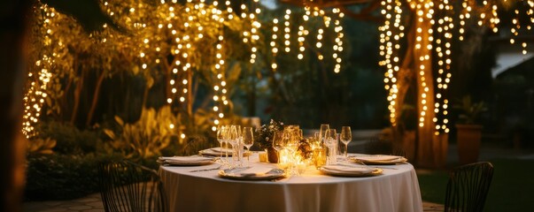 Obraz premium Romantic outdoor dinner setting with string lights and elegant table arrangement