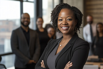 Portrait of successful business black woman wearing black attire standing in front of team, smiling at camera. Office employee posing with coworkers in background. 
