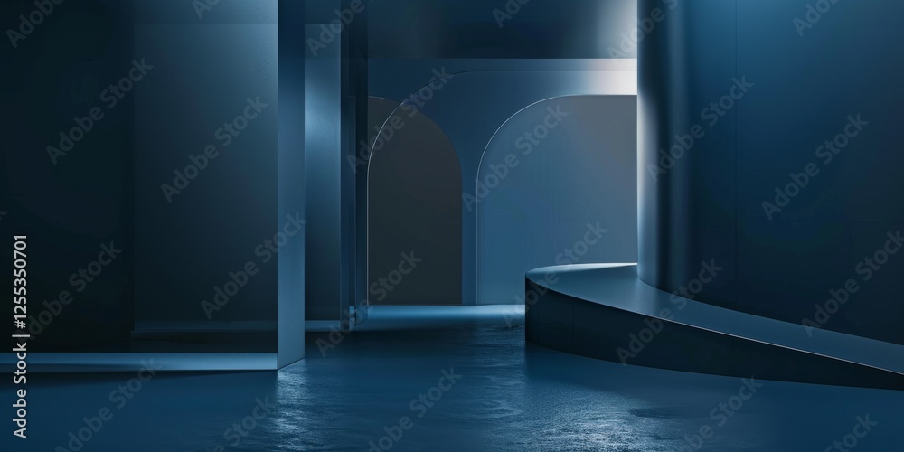 Poster a refined minimalist composition with a deep blue background, clean lines and abstract forms, minima