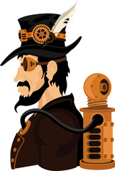 A steampunk-style man with a beard and a hat.