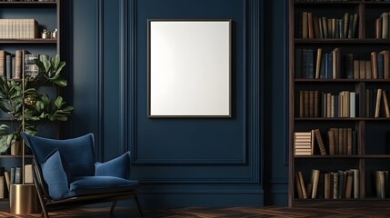 A rich, walnut-colored library with deep blue walls and a perfectly placed blank white frame.