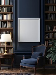 A rich, walnut-colored library with deep blue walls and a perfectly placed blank white frame.