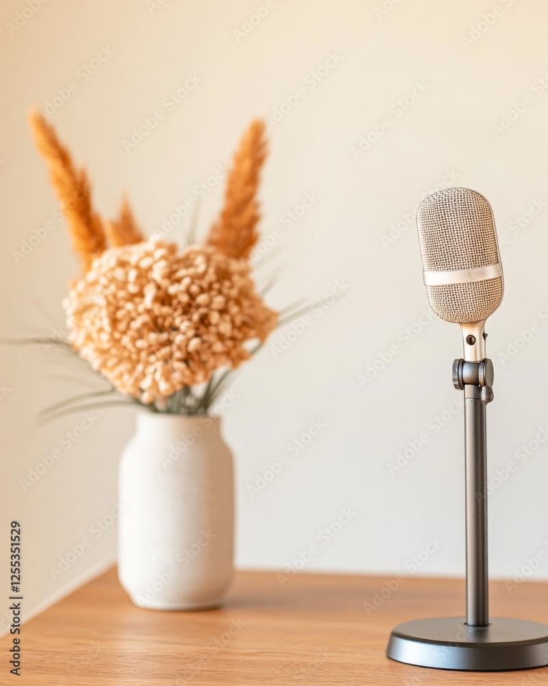 Poster minimalist home podcast studio mid-century microphone and pampas arrangement on wooden surface - aut