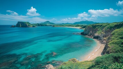 Fototapeta premium Aerial view of serene tropical beach scene capturing nature's beauty on a calm ocean landscape