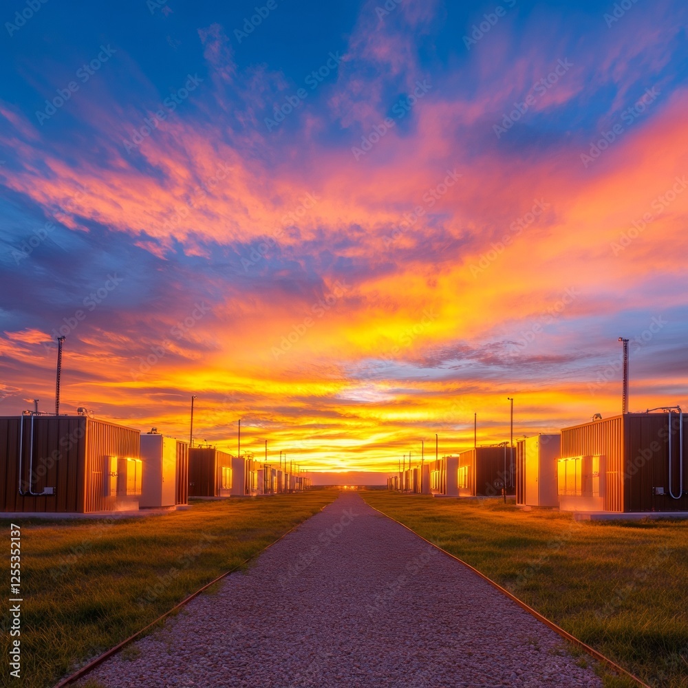 Aufkleber contemporary infrastructure aesthetic sunset-lit battery storage units and conversion systems - util