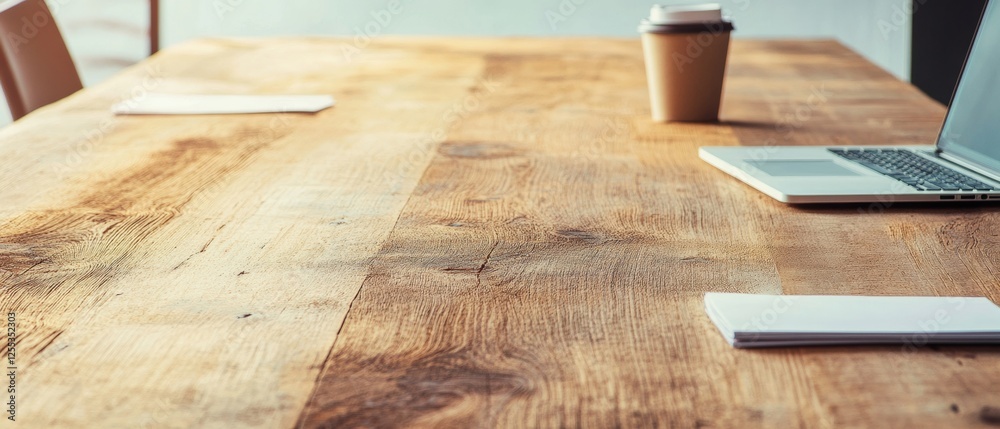 Aufkleber scandinavian minimalist meeting setup wooden table with laptops and notepads, coffee ambiance - effi