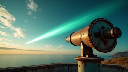 Telescope overlooking ocean at sunset with colorful light streaks in the sky