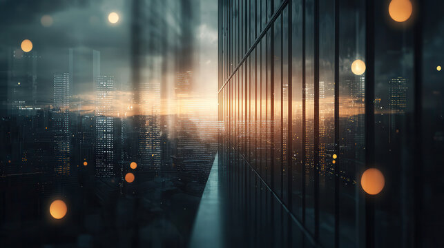 stunning cityscape at sunset, showcasing modern skyscrapers and reflections. vibrant lights create dynamic atmosphere