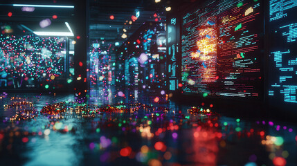 vibrant digital market center filled with colorful data streams and reflections. futuristic environment showcases blend of technology and