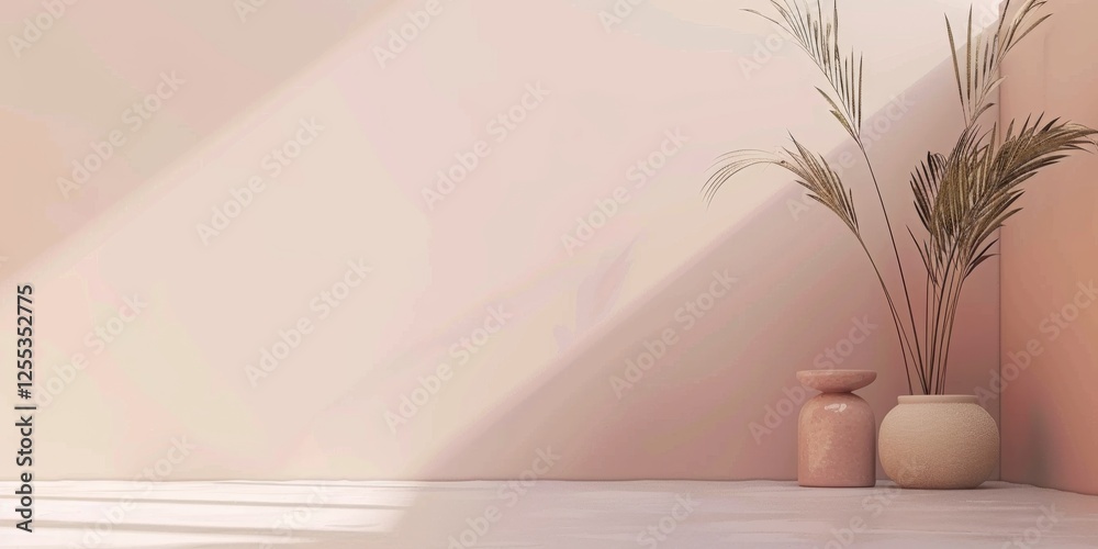 Poster a refined minimalist composition with a light peach background, subtle textures and soft colors, con