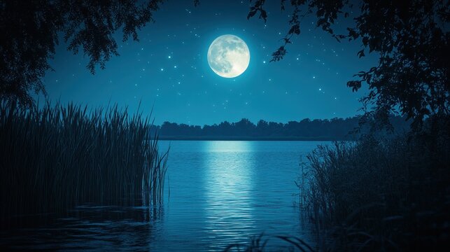 Moonlit lake, tranquil night, stars, reeds, serenity, nature scene