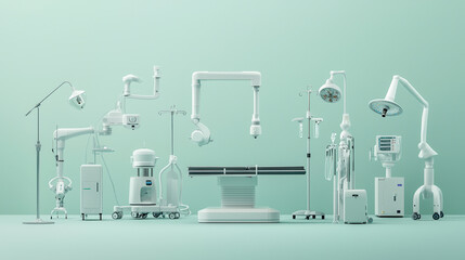 Advanced medical equipment and robotics in healthcare setting, showcasing various tools and devices for patient care and treatment