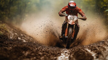 Motocross racer, forest trail, dust, competition