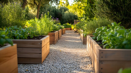 Serene Garden Path with Wooden Planters and Lush Greenery