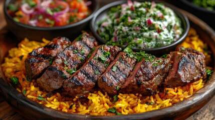 Indian food featuring lamb biryani served with cooling raita on the side