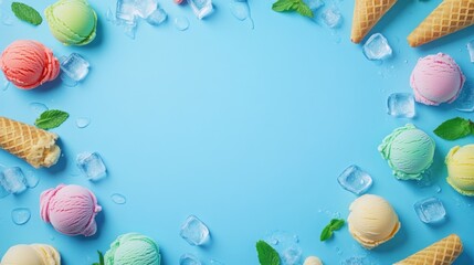 Colorful ice cream scoops, cones, mint, ice on blue background