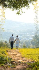 Fototapeta premium A couple walks hand in hand along a scenic path in a natural landscape.