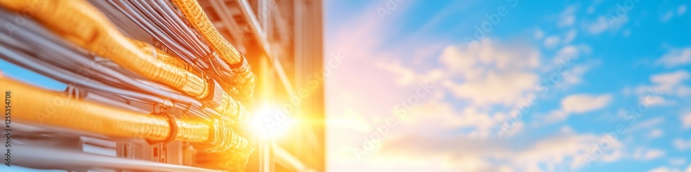 Poster Vibrant Fiber Optic Network Visualization Sunlit Data Center Cables and Sleek Server Rack - Innovative Tech Design for Enhanced Digital Connectivity and Efficient Infrastructure
