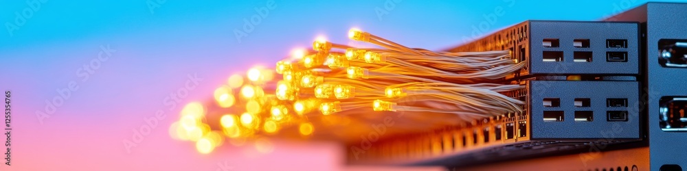 Fototapete neon network panorama fiber optic cable management in innovative server rack architecture for cuttin