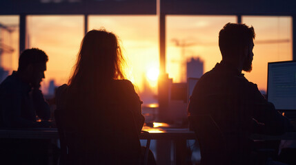 Silhouettes of professionals working in office during sunset, showcasing serene atmosphere