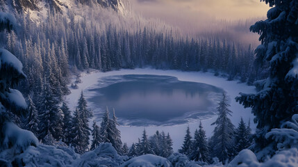 Obraz premium Frozen Lake in a Snowy Mountain Forest: A Winter Wonderland