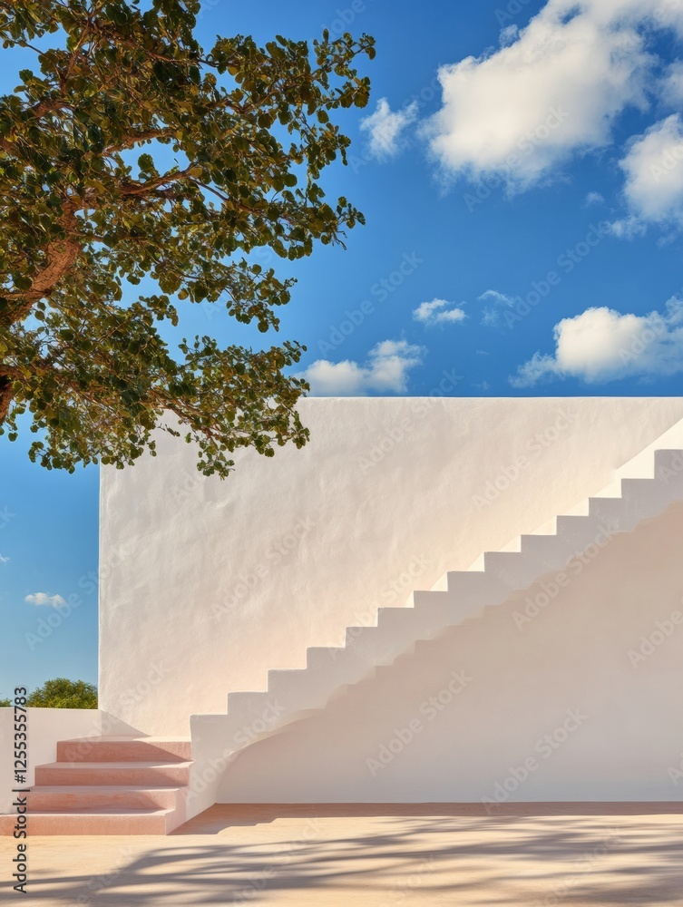 Poster abstract architectural staircase design minimalist white walls with geometric shadow play and natura