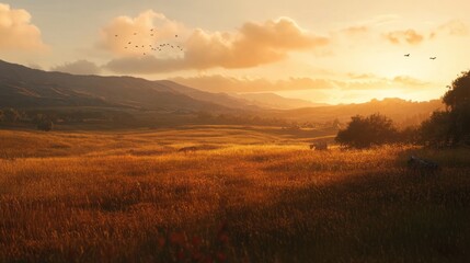Obraz premium Golden hour over serene countryside with grazing animals and birds soaring