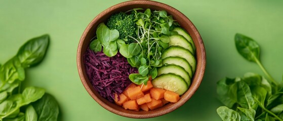 Minimalist Plant-Based Buddha Bowl Fresh Mixed Grains and Vegetables with Microgreens in Wooden Setting Health-Centric Digital Content and Eco-Friendly Food Merchandising