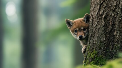 A baby wolf peeking out from behind a tree, its eyes wide with curiosity in a misty forest