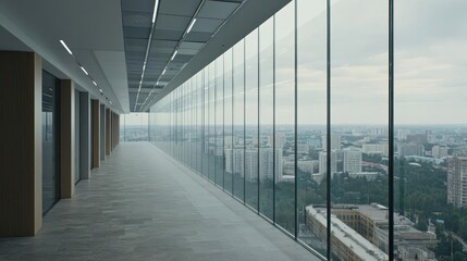 Obraz premium Empty Modern Office Corridor With City View