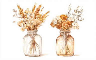 Elegant glass vase with a beautiful arrangement of dried flowers isolated on a white background, perfect for home decor and interior design