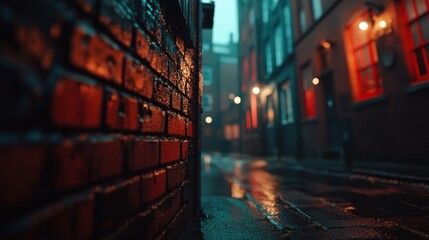 Fototapeta premium Rainy, narrow London alleyway, brick wall, blurred buildings background