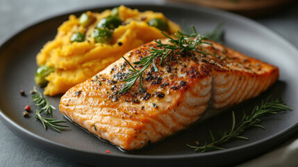 Paleo dinner featuring grilled salmon, roasted Brussels sprouts, and sweet potato mash