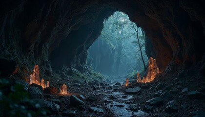 Fototapeta premium Mystical Cave Entrance with Glowing Formations Leading to Verdant Forest