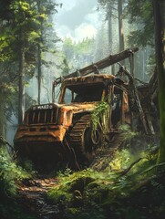 A rusted, immobile walker vehicle, overtaken by an entire forest.