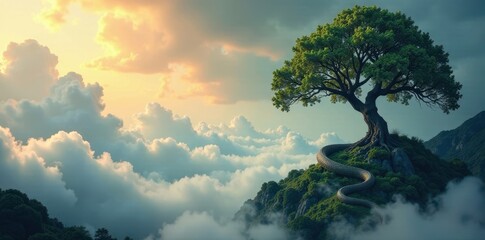 Fototapeta premium Trees twisted like serpents rise from misty depths, ethereal, clouds