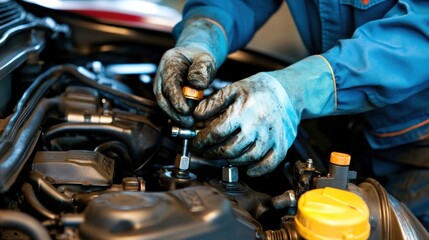 Detailed shot of auto mechanic hands repairing a vehicle engine