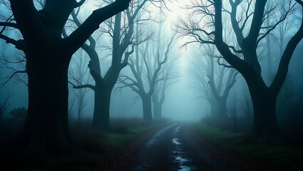 Obraz premium Misty path through bare trees creating a mysterious atmosphere in the forest