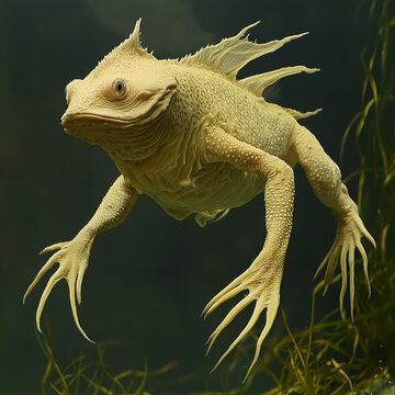 A large, pale creature with scales and webbed feet is swimming in the water of an aquarium. It has no legs or wings. The body resembles that of both a toadfish and a snail, while its head features 