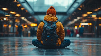 Obraz premium Contemplative solo sitting urban train station photography rainy environment wide angle view solitude and reflection