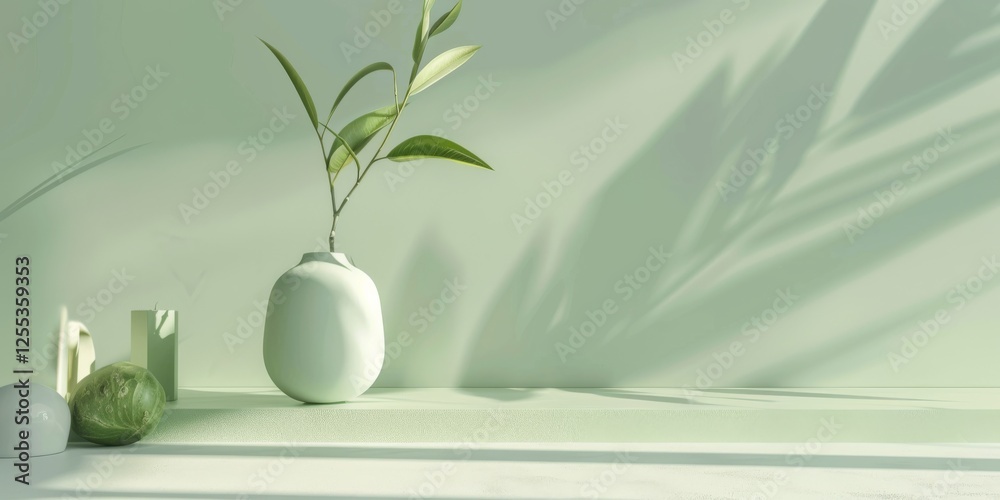 Poster a refined minimalist design with a light pistachio background, subtle shapes and delicate textures, 
