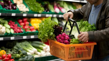 Healthy Organic Produce Shopping Man Holding Basket Fresh Vegetables Radishes Lettuce Green Peppers Grocery Store Supermarket Healthy Lifestyle Eating Natural Food Vitamins Minerals Diet Nutrition    