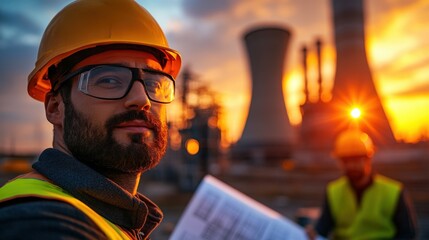 A confident engineer stands against a vibrant sunset with power plants in the background, representing dedication, innovation, and the energy sector's significance in modern society.