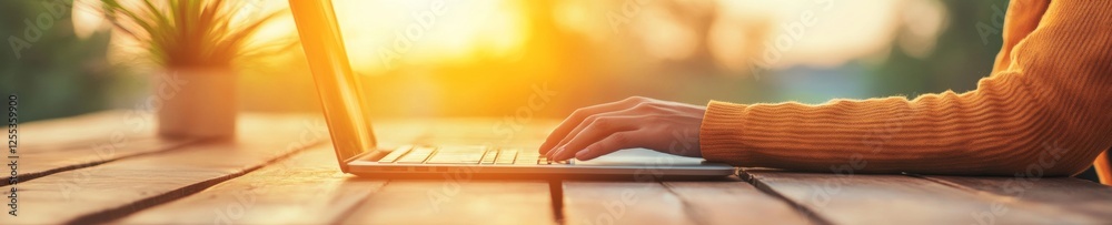 Aufkleber Sunlit Remote Learning Workspace Casual Wood Texture with Laptops and Notebooks - EdTech Visual Content and Modern Home Study Solutions