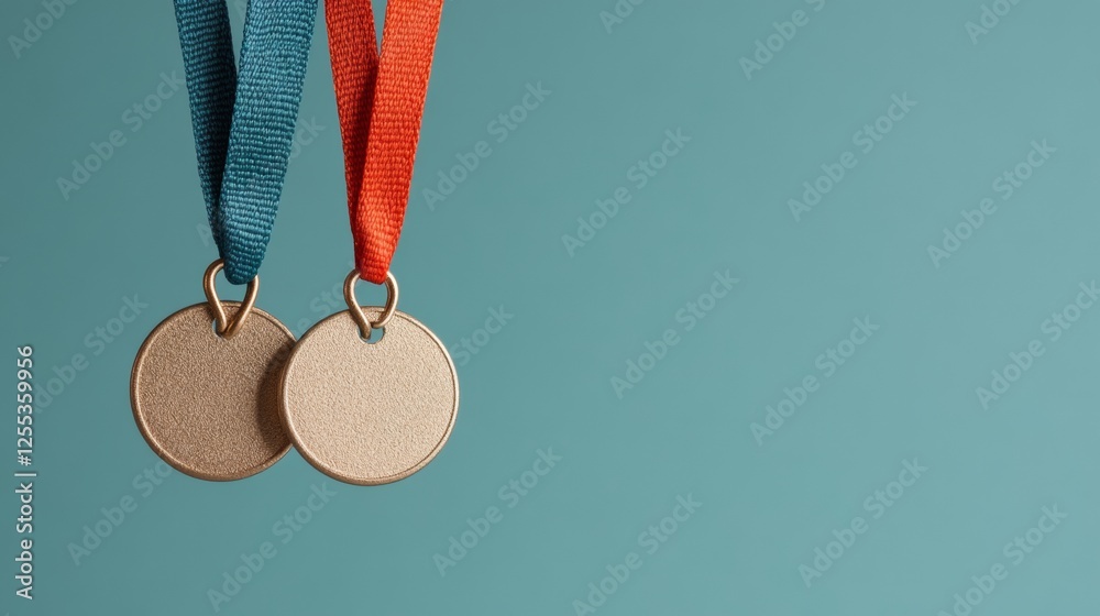 Aufkleber contemporary medal display textured golden awards with colorful ribbons on minimalist blue backgroun