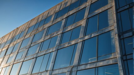 Obraz premium Close-up of the facade of a modern factory with clear architectural details and reflections in the windows. A sleek, industrial design showcasing contemporary construction and urban architecture