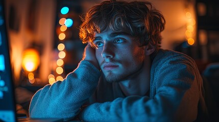 Fototapeta premium Contemplative youth engaged in digital screen home environment emotional portrait nighttime introspective mood