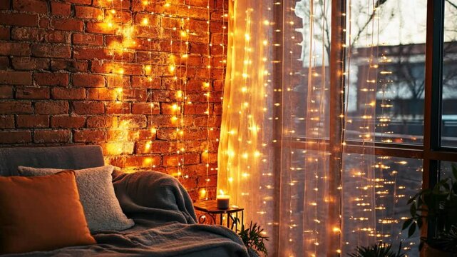 Cozy Brick Wall with String Lights: Create an inviting ambiance in your living room with the warm glow of string lights draped against a rustic brick wall.