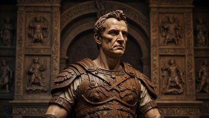 A bold wooden carving of Julius Caesar, depicted in Roman armor with a laurel wreath, holding a sword and scroll, surrounded by symbols of the Roman Empire like eagles and shields.