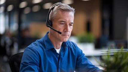 Serious Mature Man Wearing Headset Professional Business Office Worker Concentrated Customer Service Representative Modern Workplace Employee Telecommunications Technology Support Helpdesk Agent Blue 